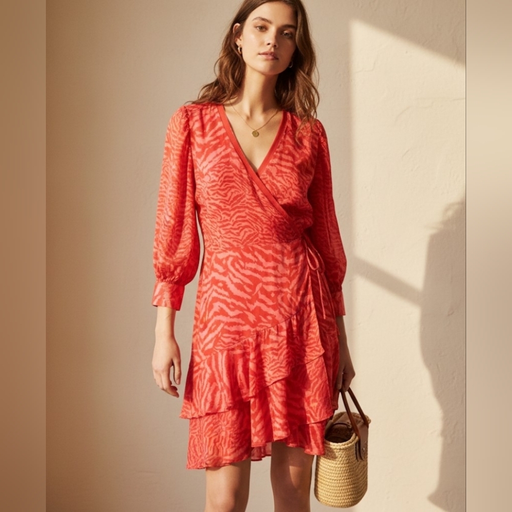 AllSaints Keva Remix Ruffle Zebra Print Tie Waist 3/4 Sleeve Dress Pink Red SZ S